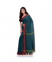 Women`s Traditional Bengali Tant Handloom Cotton Saree Loveria Design With Blouse Piece(Castleton Green)